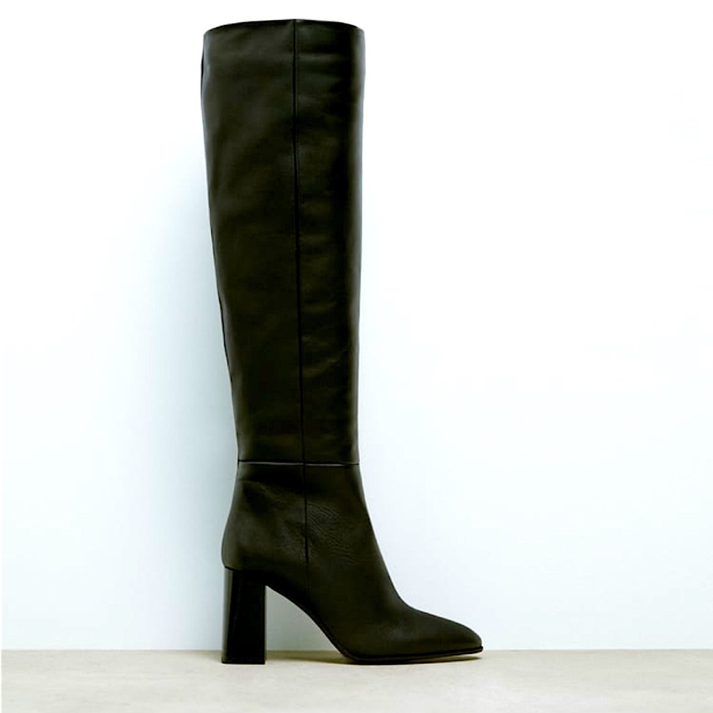 Zara knee high leather boots, brand new in box and with tags. 4 inch heel.